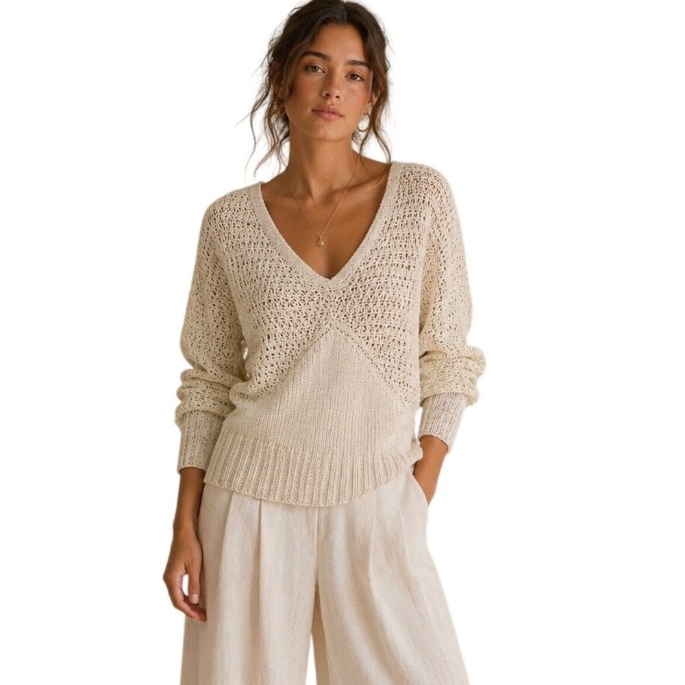 Anthro Sparrow V-Neck Dolman Sleeve Open Knit  Crochet Cream Sweater Coastal S